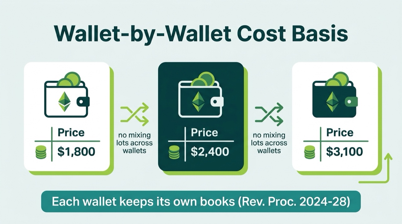 Three wallets each tracking their own Ethereum cost basis lots with no mixing of lots across wallets under Revenue Procedure 2024-28