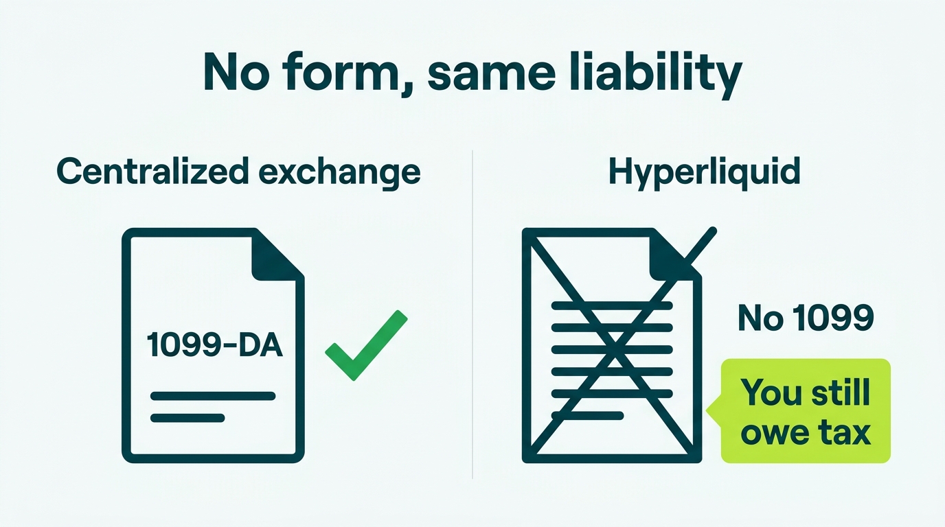 Diagram contrasting centralized exchanges that send a 1099-DA with Hyperliquid which sends no form but still creates full tax liability