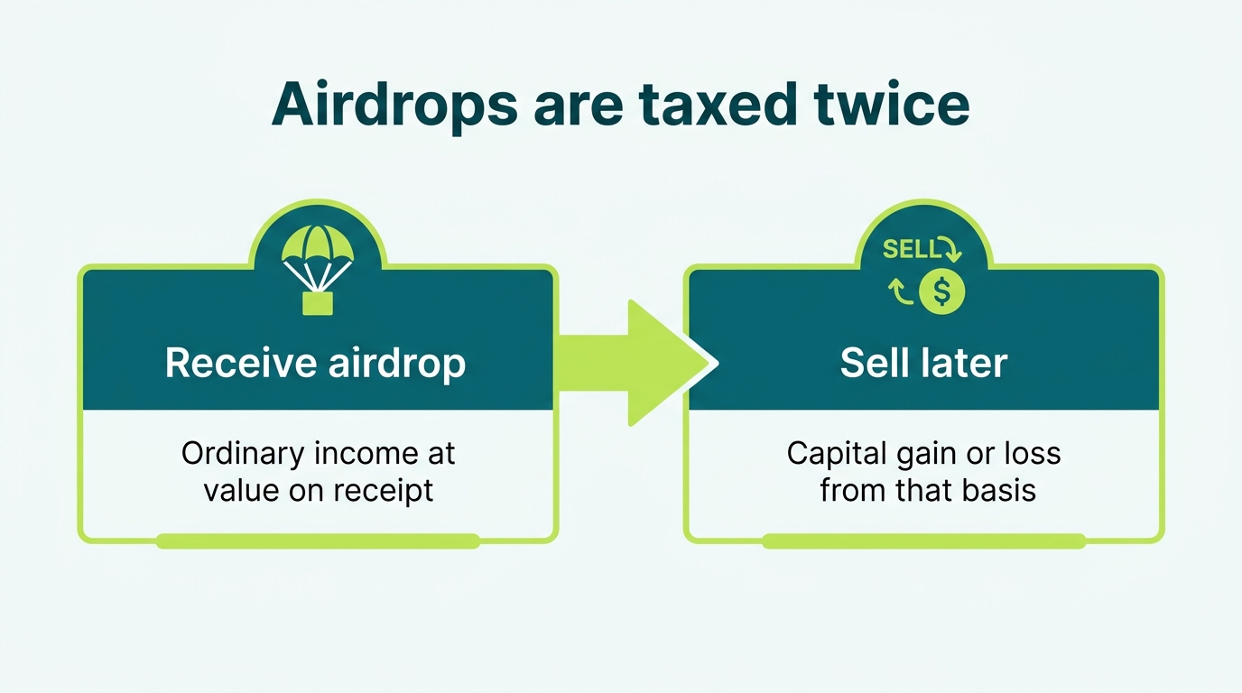Flow diagram showing a Solana airdrop is taxed twice, as ordinary income on receipt and as capital gain or loss when sold later
