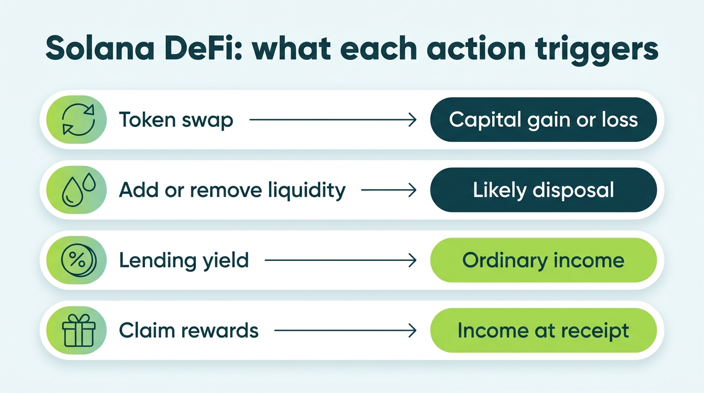 Map of Solana DeFi actions to tax outcomes: token swaps trigger capital gains, liquidity changes are likely disposals, lending yield and reward claims are ordinary income