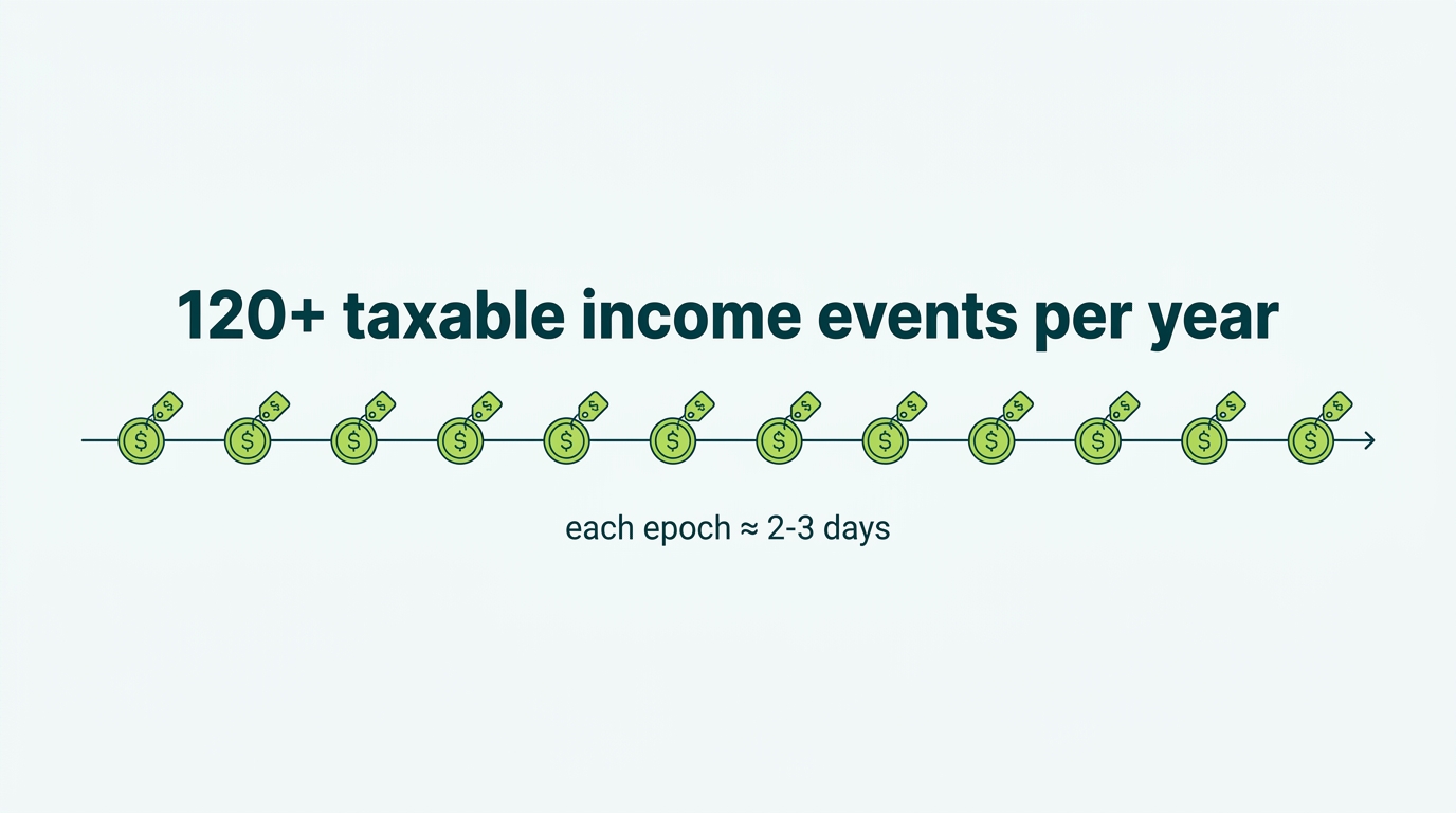 Diagram showing Solana staking pays rewards every epoch of about 2 to 3 days, creating 120 or more taxable income events per year