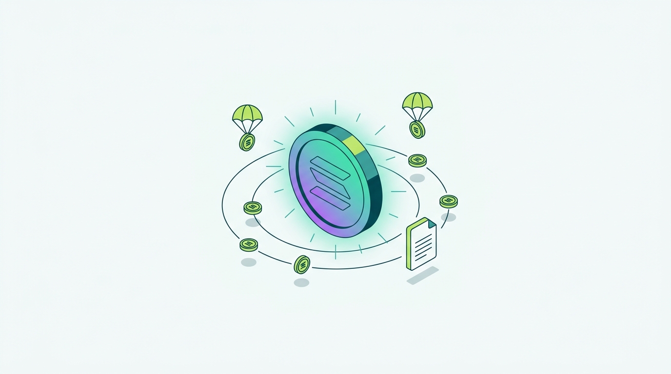 Illustration of Solana SOL coin surrounded by staking rewards, airdrops, and a tax document for the 2026 tax year