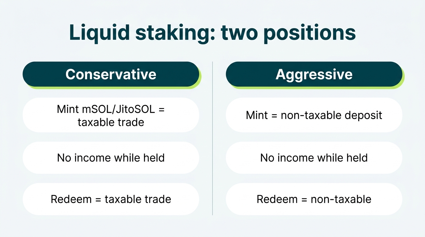 Comparison of conservative versus aggressive tax positions for minting and redeeming Solana liquid staking tokens mSOL and JitoSOL