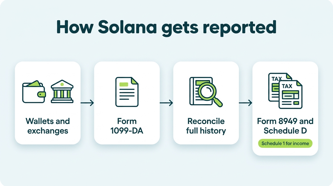 Pipeline showing Solana tax reporting flow from wallets and exchanges through Form 1099-DA and full history reconciliation to Form 8949, Schedule D, and Schedule 1