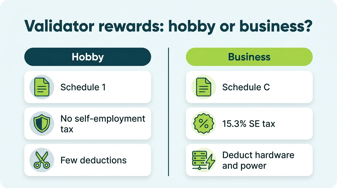 Comparison of hobby validator reporting on Schedule 1 with no self-employment tax versus business reporting on Schedule C with 15.3 percent SE tax and hardware deductions