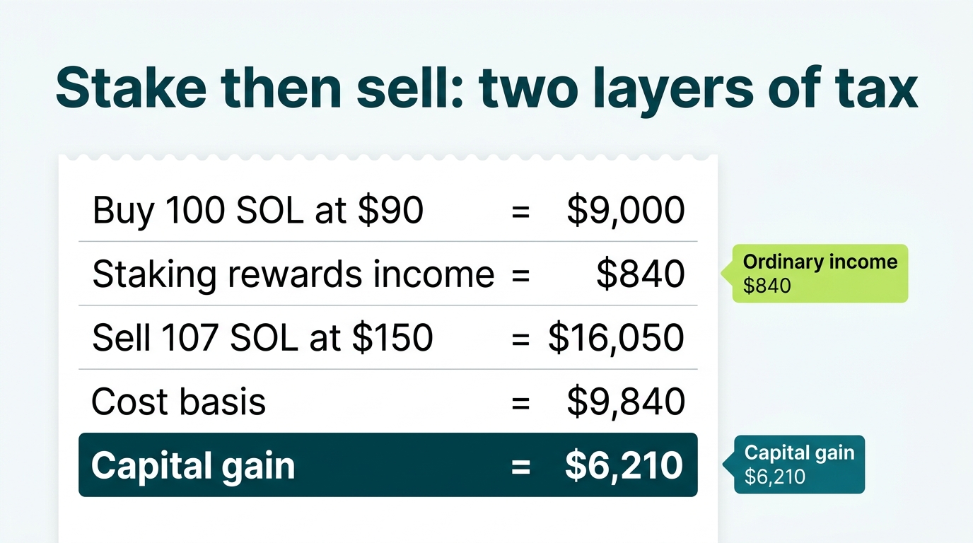 Worked example showing buying 100 SOL at 90 dollars, 840 dollars of staking income, selling at 150 dollars, and a 6210 dollar capital gain