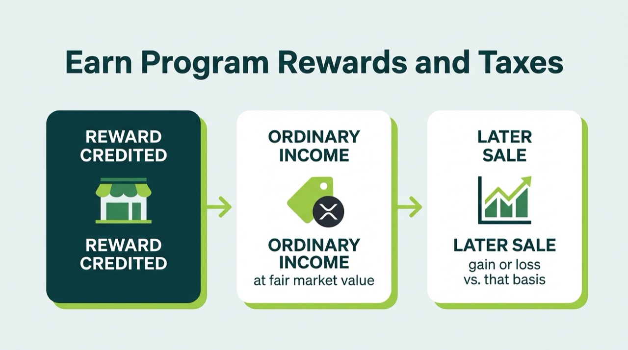 Flow diagram of XRP earn program rewards recognized as ordinary income at fair market value when credited, with that value becoming cost basis for a later sale
