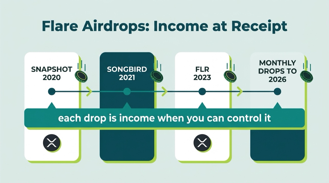 Timeline of Flare airdrops for XRP holders from the 2020 snapshot through Songbird, the FLR distribution, and monthly FlareDrops through 2026, each taxed as income at receipt