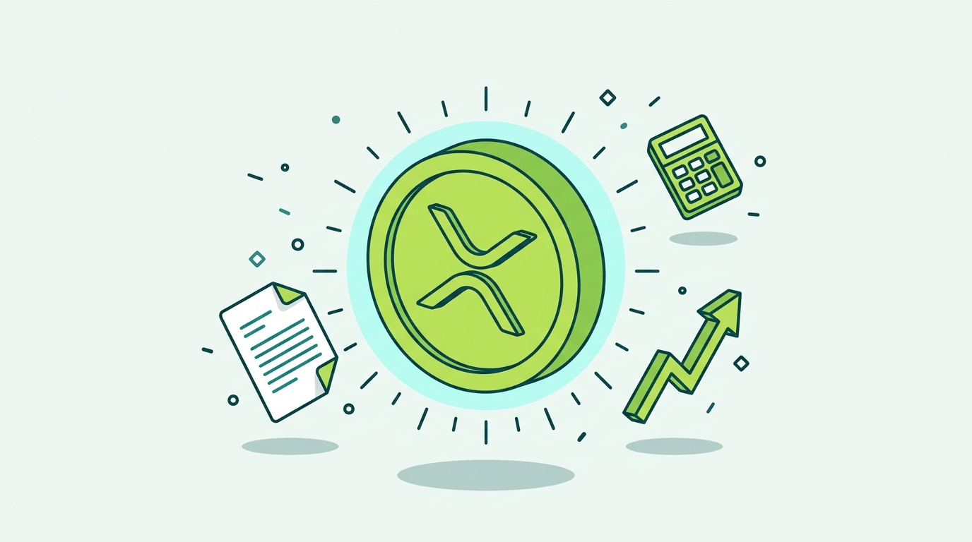 Illustration of an XRP coin with tax documents and capital gains symbols representing how XRP taxes work in 2026