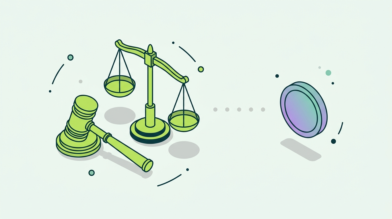 Illustration of a courtroom gavel and scales beside an XRP coin representing the Ripple lawsuit and the XRP tax free myth