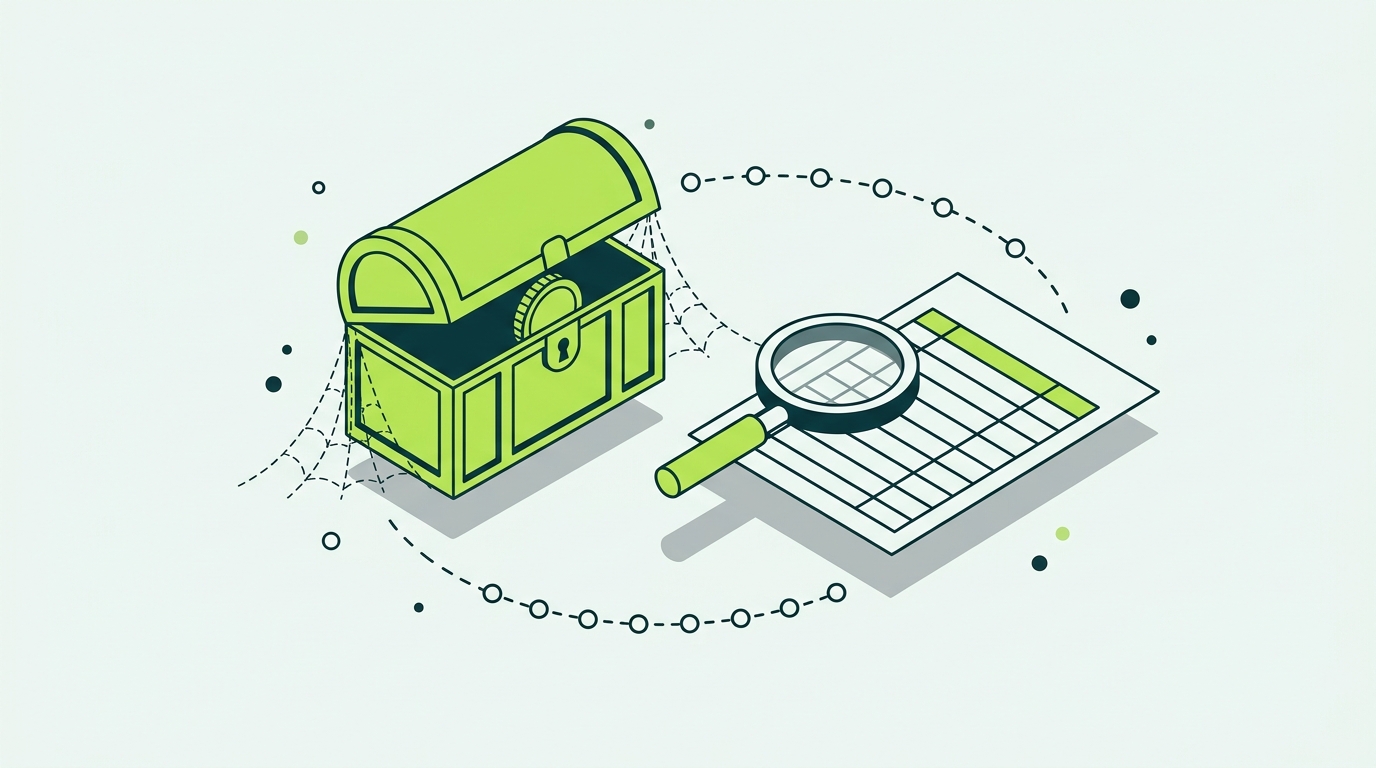Illustration of a magnifying glass and old records representing rebuilding lost XRP cost basis from 2017 purchases