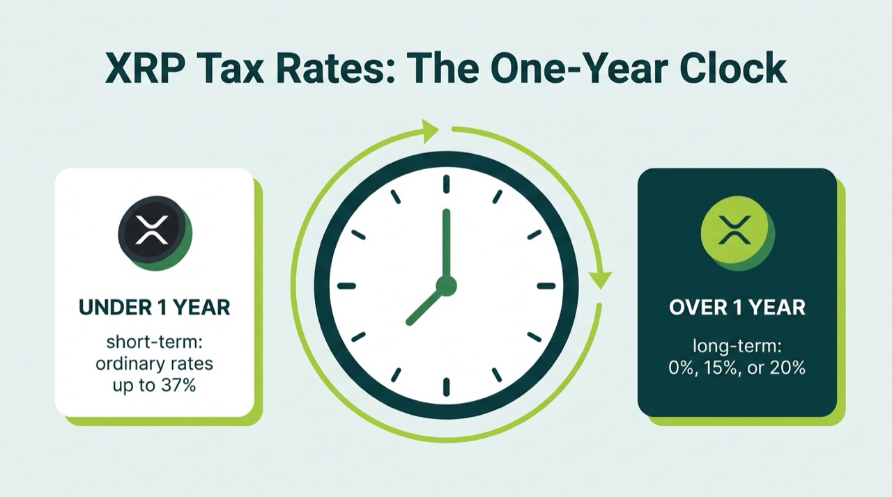 Clock diagram showing XRP held under one year taxed at short-term ordinary rates up to 37 percent versus over one year at long-term rates of 0, 15, or 20 percent