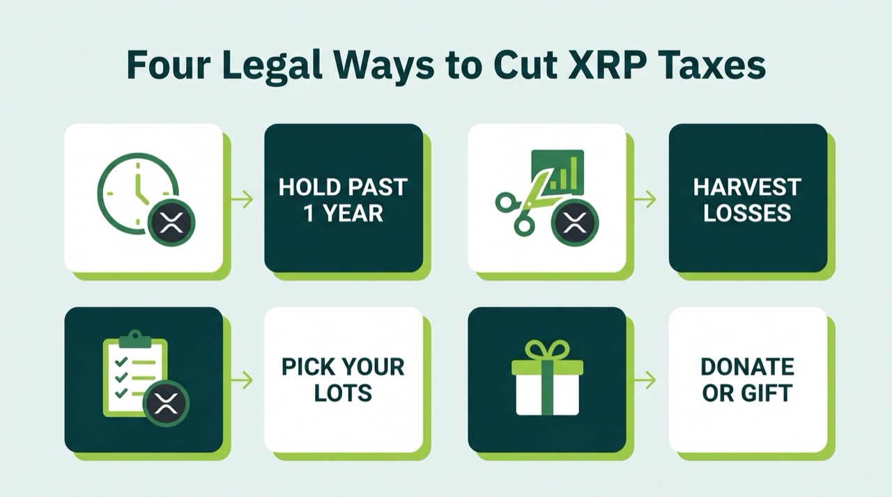 Four legal ways to reduce XRP taxes: holding past one year, harvesting losses, selecting specific lots, and donating or gifting XRP