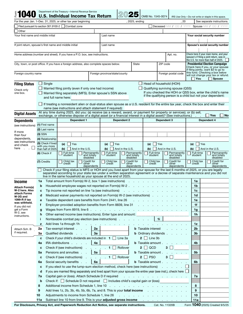 IRS Form 1040, U.S. Individual Income Tax Return, showing the digital asset question near the top of page 1