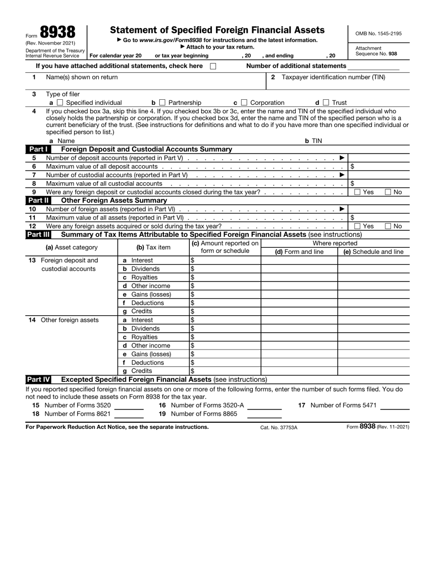 IRS Form 8938, Statement of Specified Foreign Financial Assets