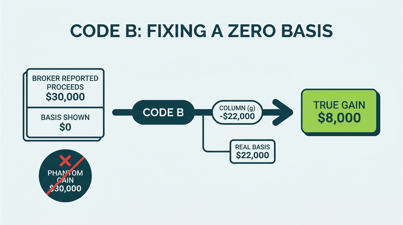 Worked example of Form 8949 code B fixing a zero basis: broker reports 30,000 dollars in proceeds with no basis, a negative 22,000 dollar column g adjustment corrects the gain to 8,000 dollars