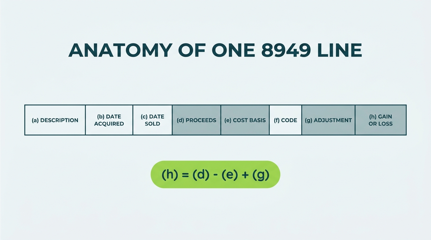 Anatomy of one Form 8949 line showing columns a through h, with the core math: gain or loss equals proceeds minus cost basis plus the column g adjustment
