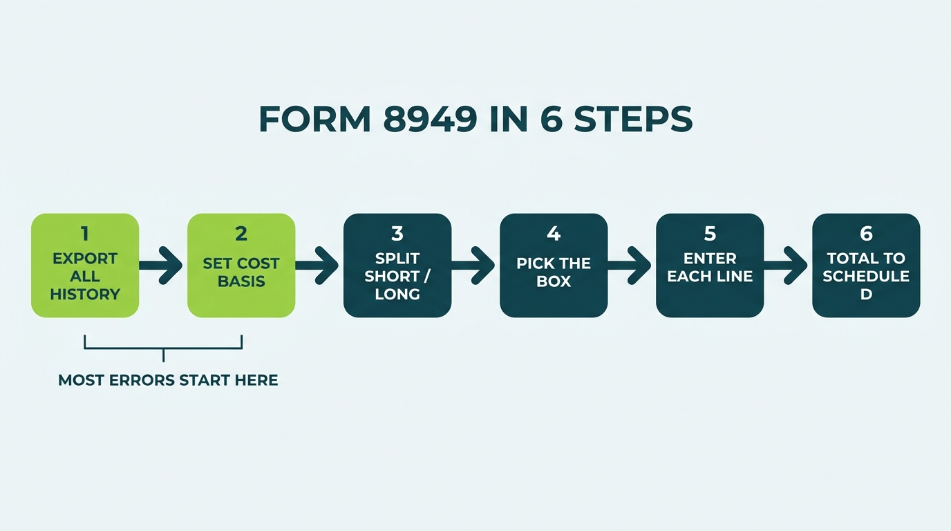 Six-step Form 8949 workflow: export all history, set cost basis, split short and long term, pick the box, enter each line, total to Schedule D, with most errors starting in steps one and two