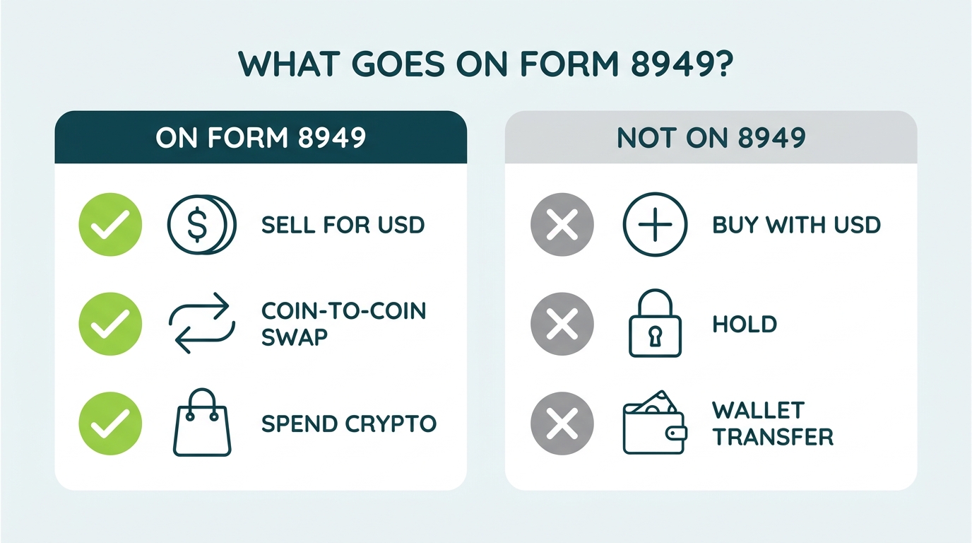 Chart of what goes on Form 8949: selling for USD, coin-to-coin swaps, and spending crypto count, while buying with USD, holding, and wallet transfers do not