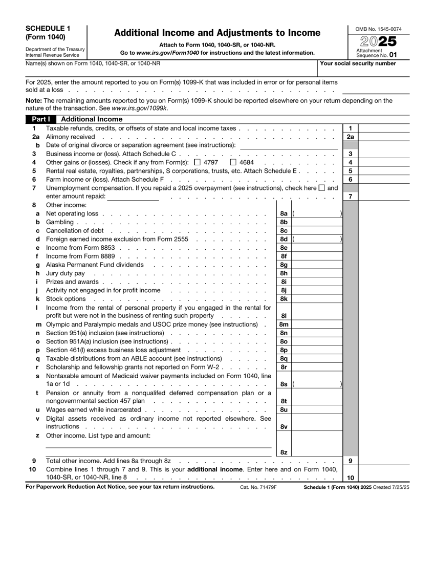 IRS Schedule 1 (Form 1040), Additional Income and Adjustments to Income