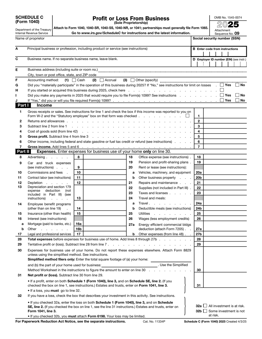 IRS Schedule C (Form 1040), Profit or Loss From Business (Sole Proprietorship)