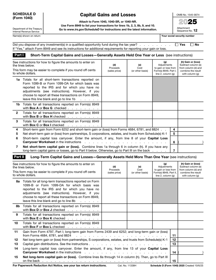 IRS Schedule D (Form 1040), Capital Gains and Losses