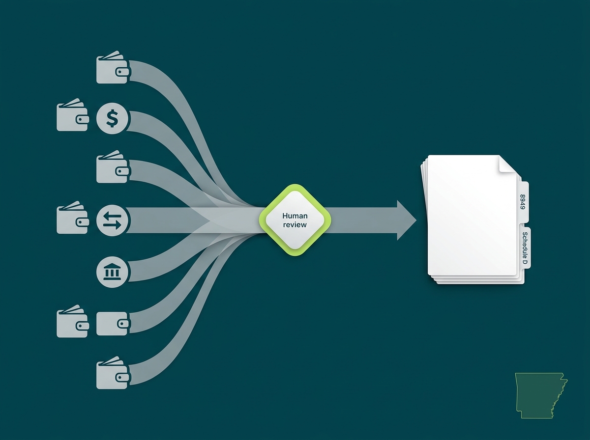 Arkansas crypto tax professional flow illustration