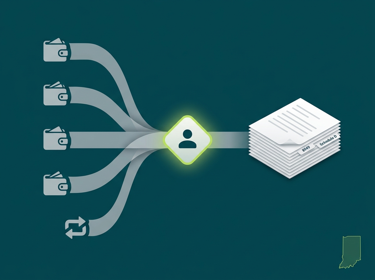 Indiana crypto tax professional flow illustration