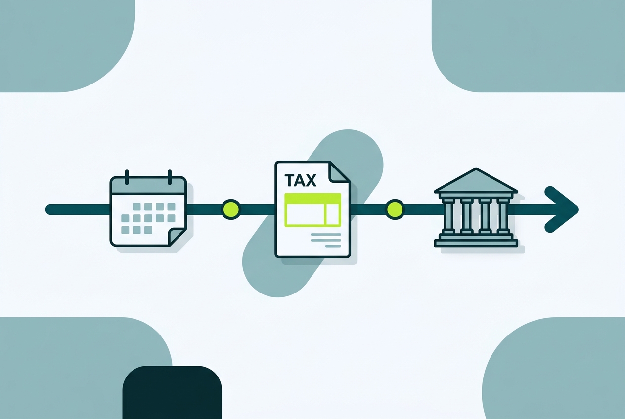 Timeline illustration from a calendar to a tax form to a government building, representing 1099-DA and 6050I reporting changes for 2025 and 2026
