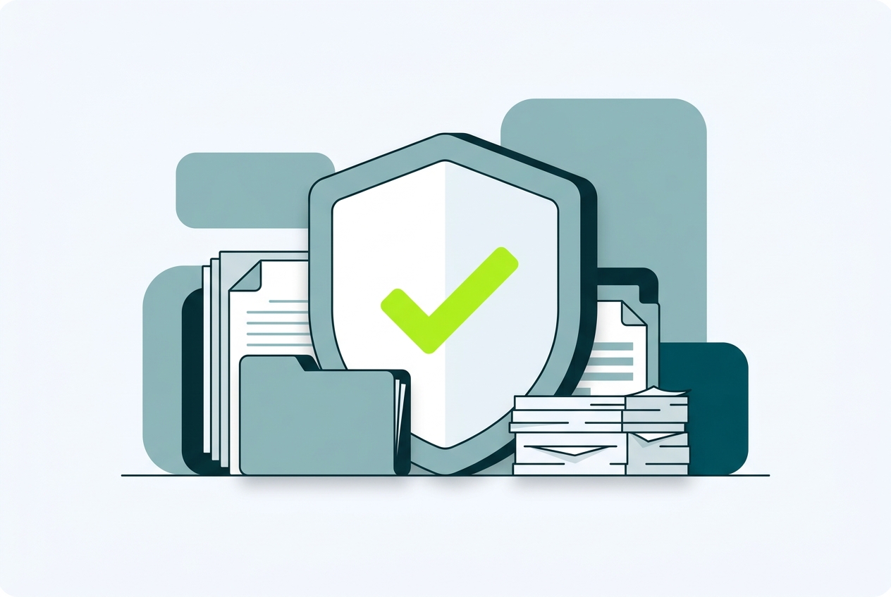 Illustration of a shield with a checkmark beside organized folders and documents, representing audit-ready crypto tax records