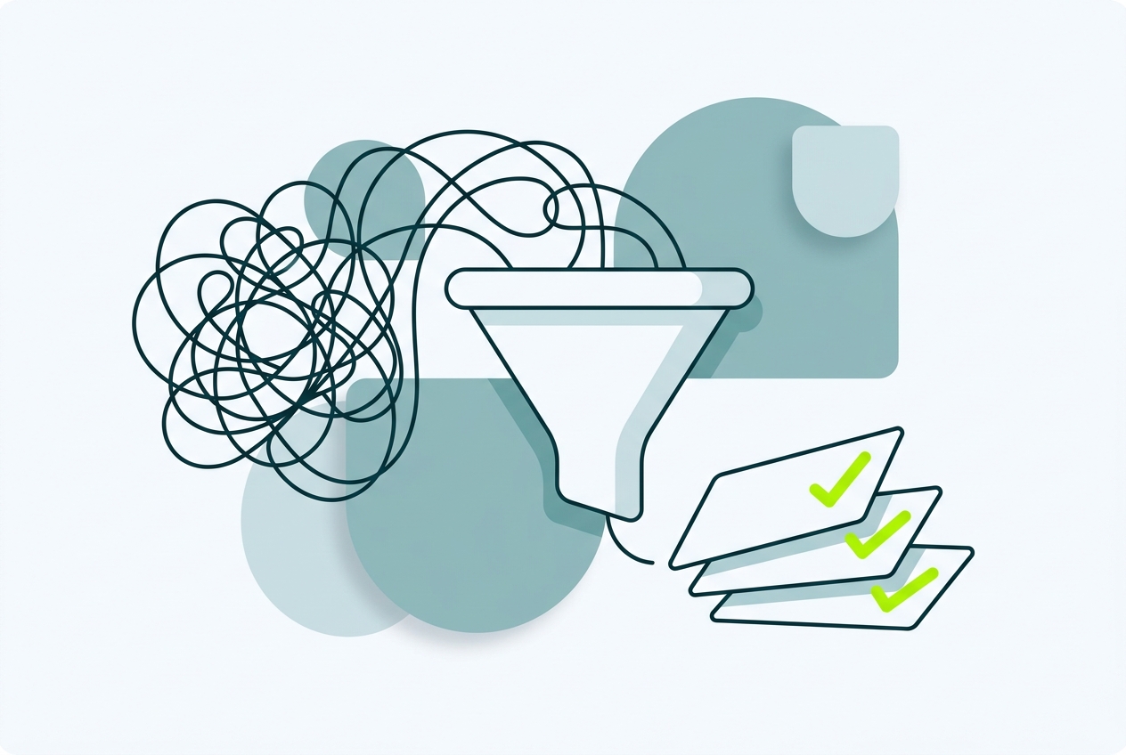Illustration of tangled transaction lines flowing through a funnel into clean checked ledger cards, representing digital asset reconciliation