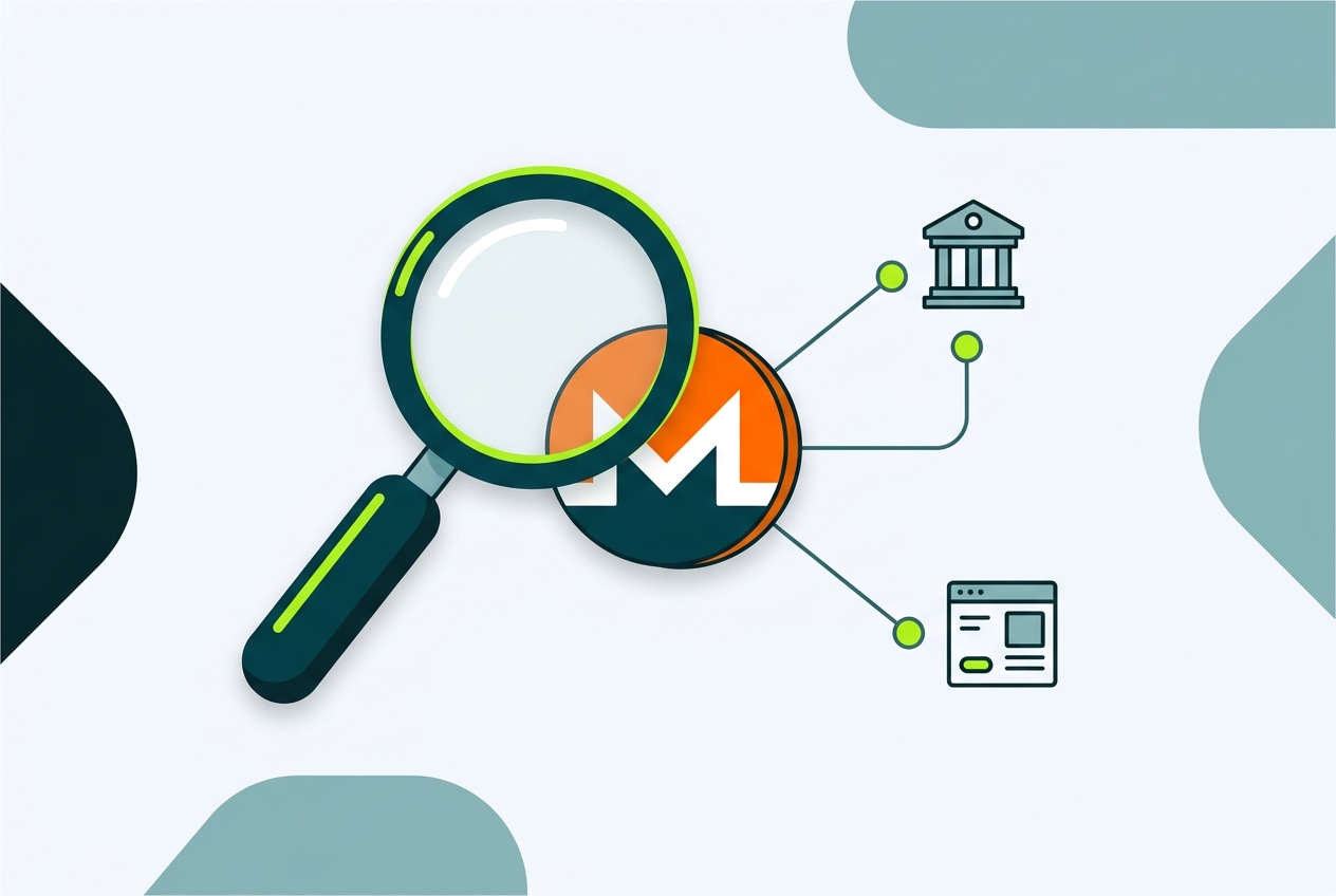 Illustration of a magnifying glass over a Monero coin connected to a bank and an exchange, showing how the IRS tracks Monero at the edges