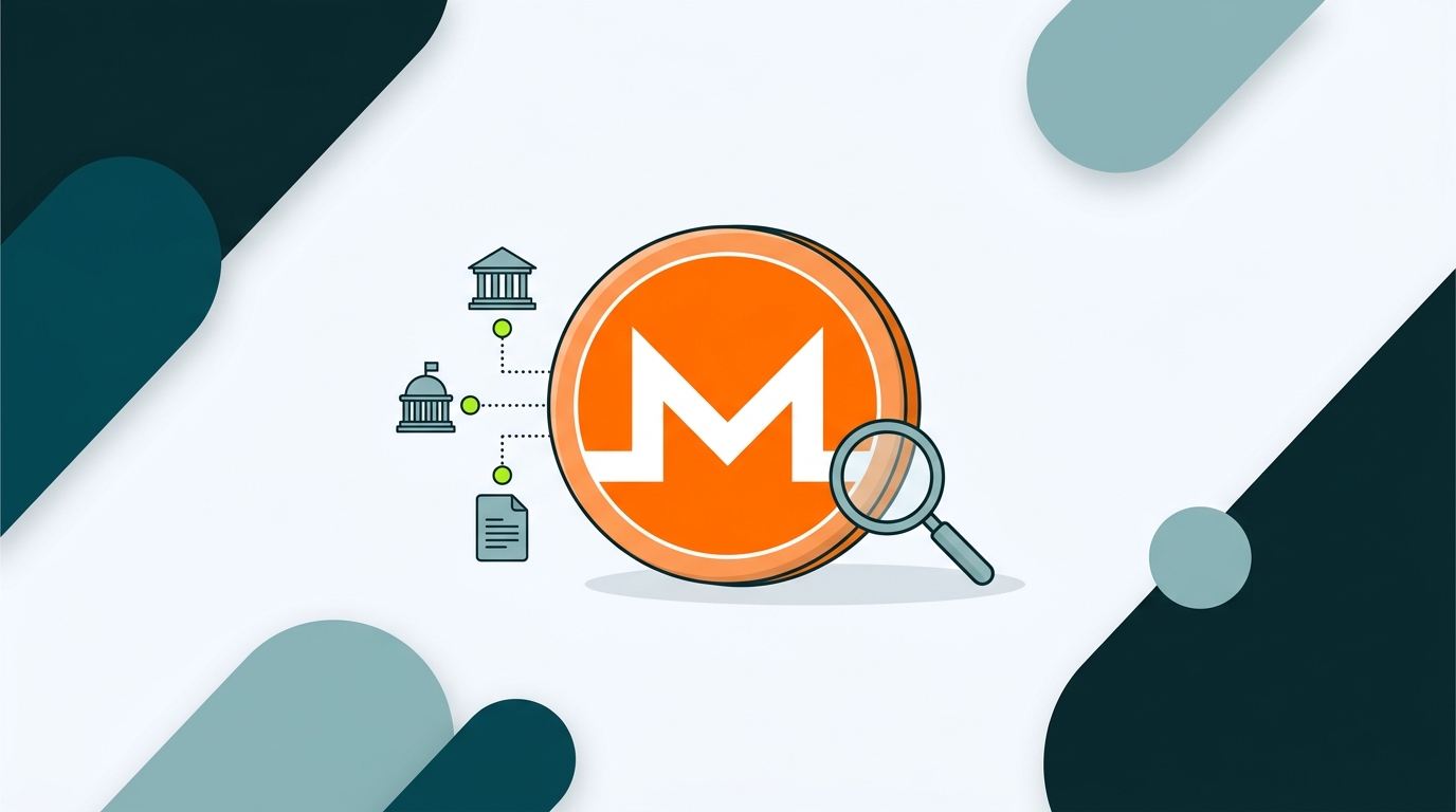 Monero coin with the orange XMR logo next to a magnifying glass, bank, and tax documents, representing IRS tracking of privacy coins