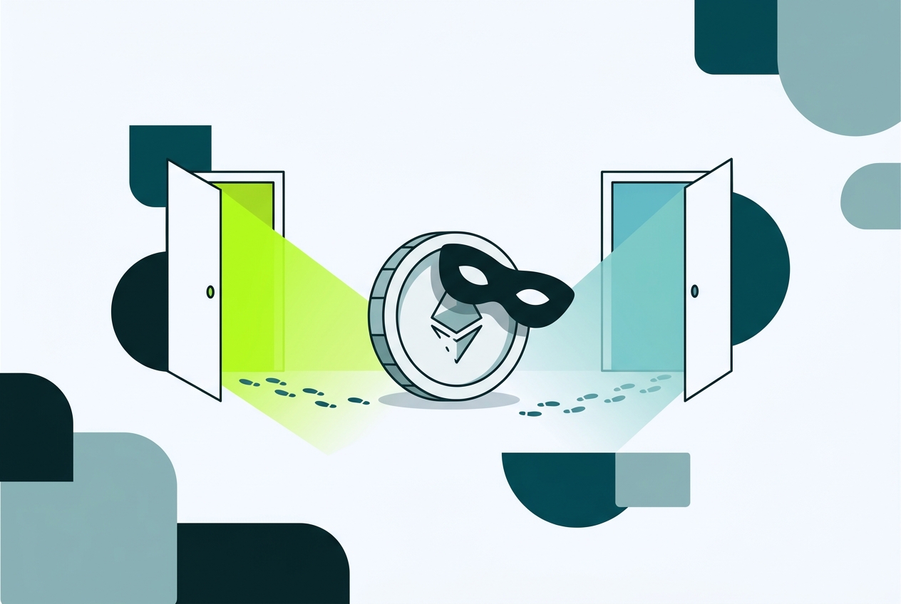 Illustration of a crypto coin lifting its mask between two doorways, showing privacy ending at crypto on-ramps and off-ramps
