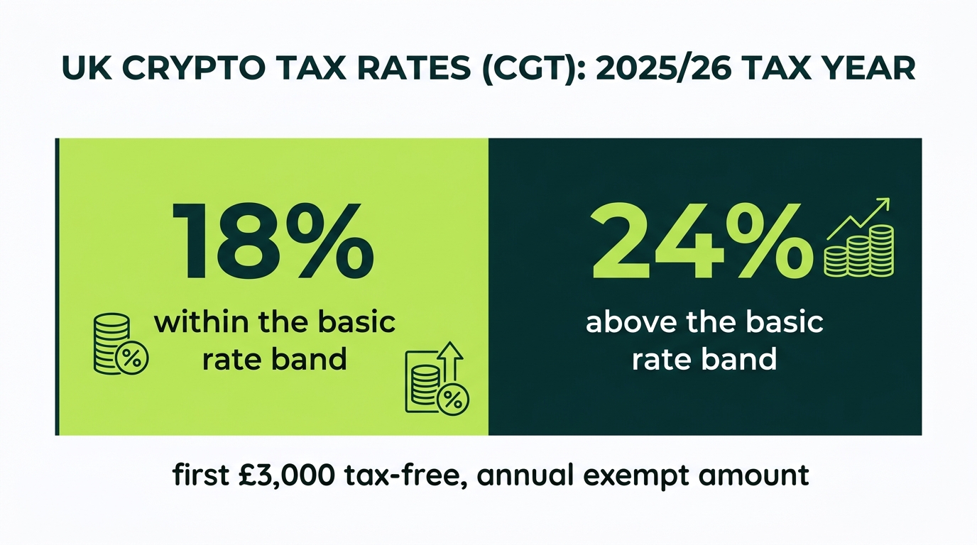 Chart of UK Capital Gains Tax rates on crypto for 2025/26, 18 percent and 24 percent