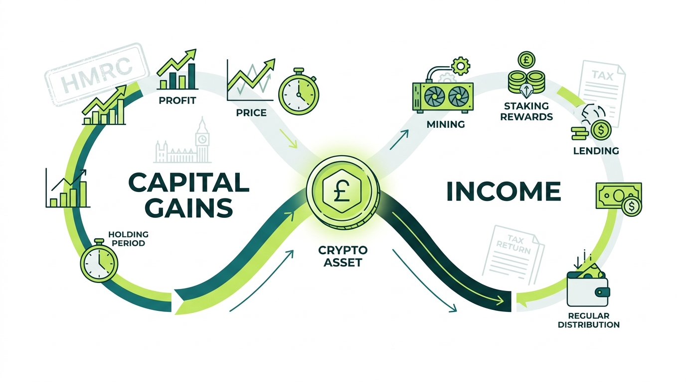 Diagram showing UK crypto splitting into two tax paths, Capital Gains Tax and Income Tax