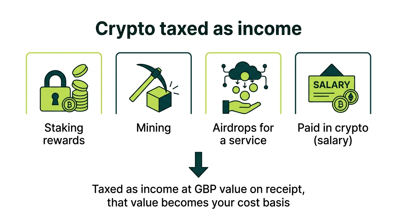 Infographic of crypto taxed as income in the UK, staking, mining, airdrops and being paid in crypto