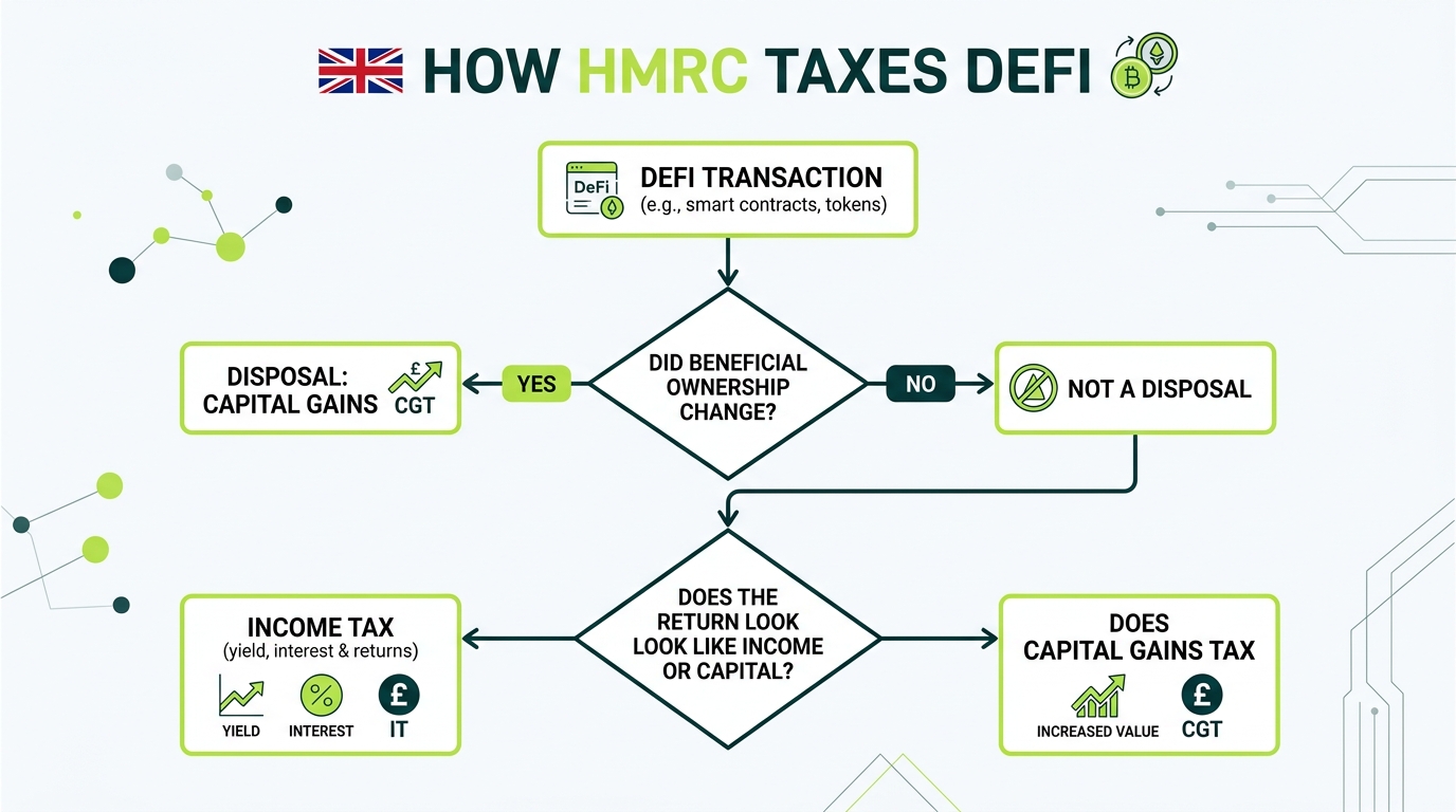 Decision tree for how HMRC taxes DeFi based on beneficial ownership and income versus capital