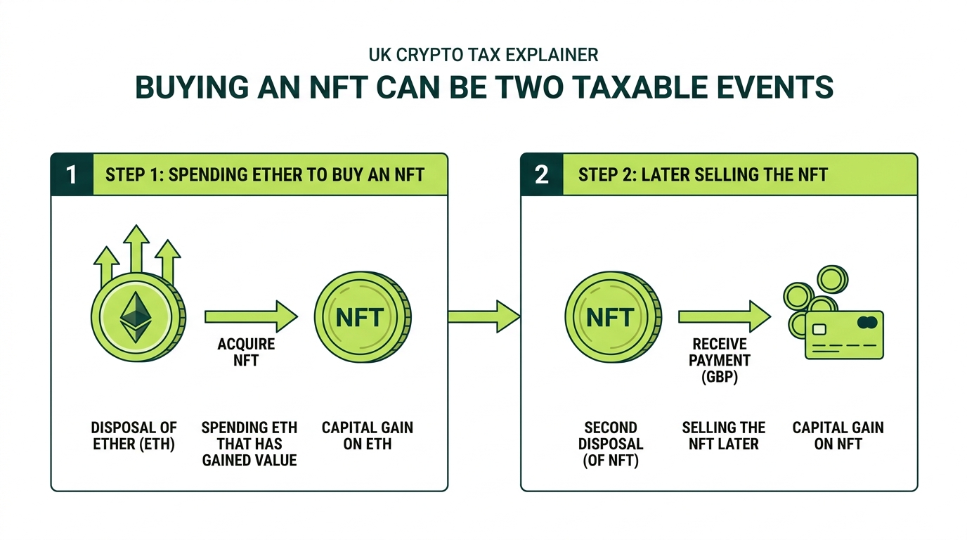 Diagram showing buying an NFT with Ether can be two taxable events in the UK