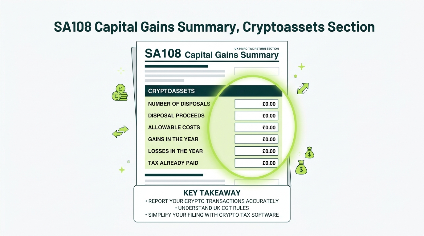 Stylised SA108 Capital Gains Summary form with the cryptoassets section highlighted