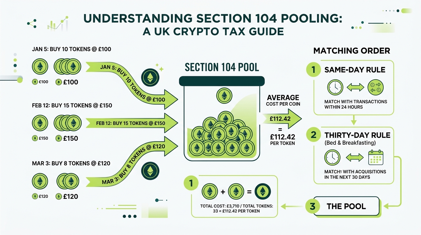 Diagram of Section 104 pooling for UK crypto cost basis with the same-day and 30-day matching order