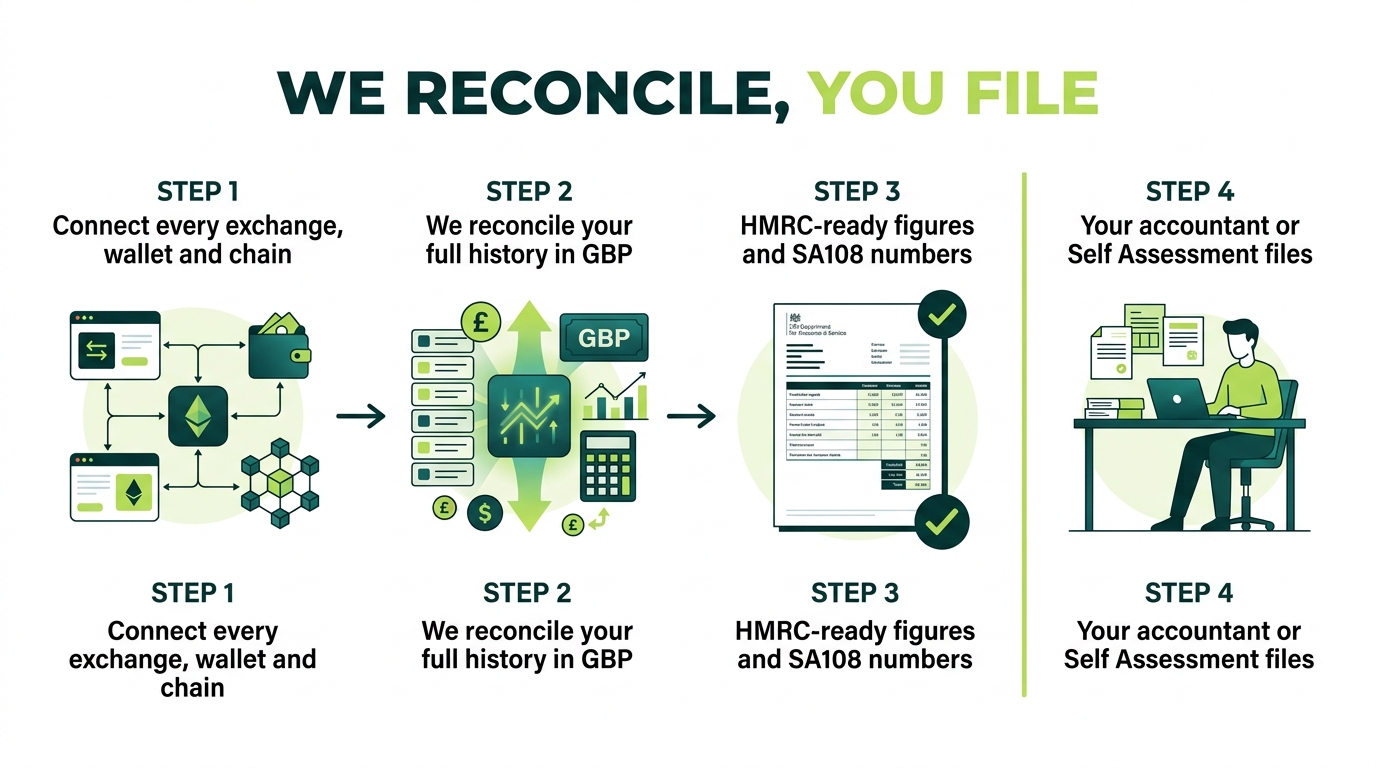 Process diagram showing Count On Sheep reconciles crypto and the client files